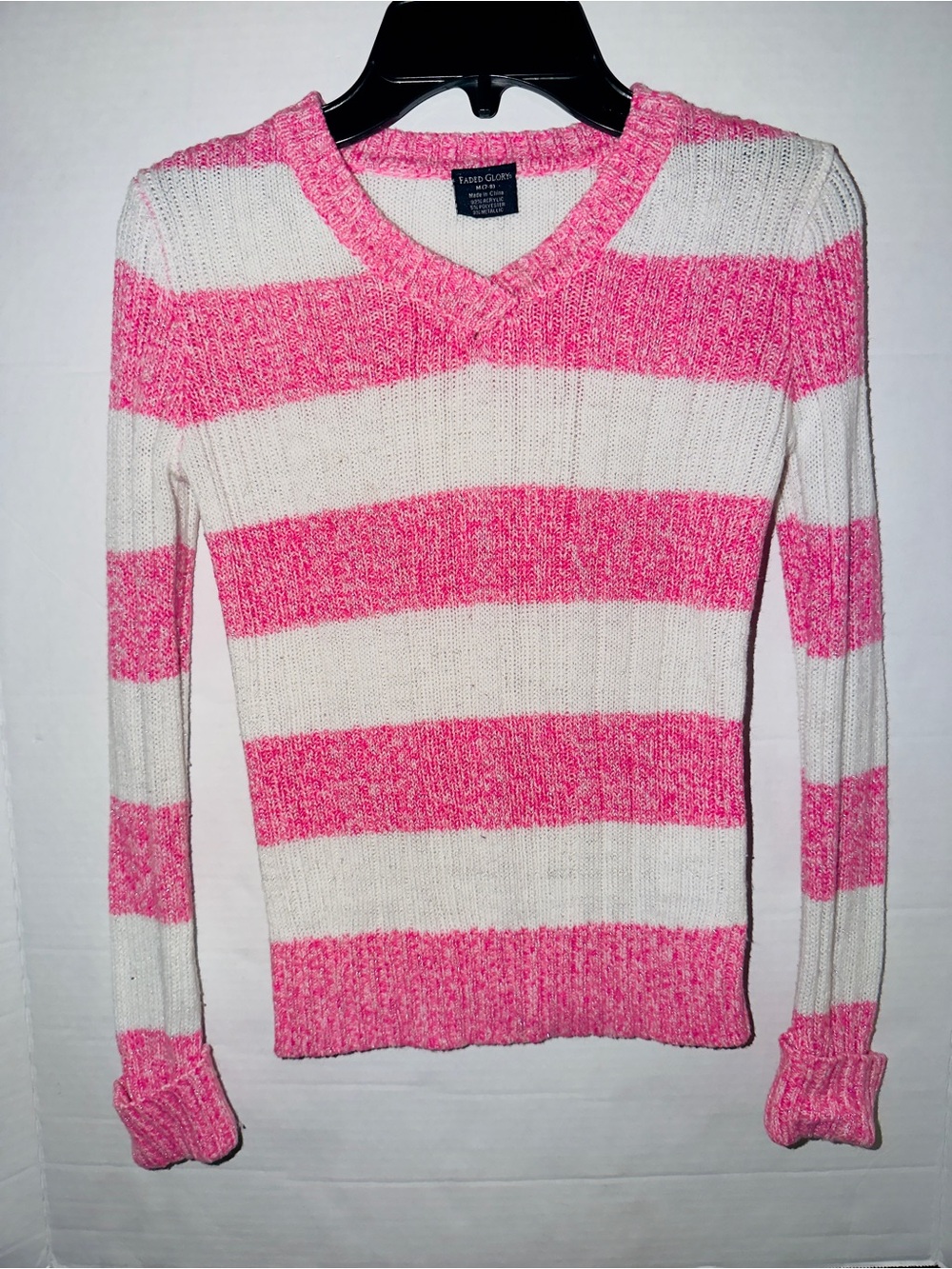 Faded Glory Pink and White Striped V-Neck Sweater